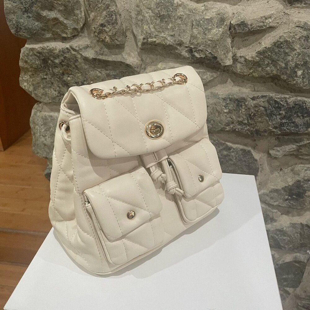 Designer-Inspired Quilted Cream Shoulder Bag with Gold Hardware